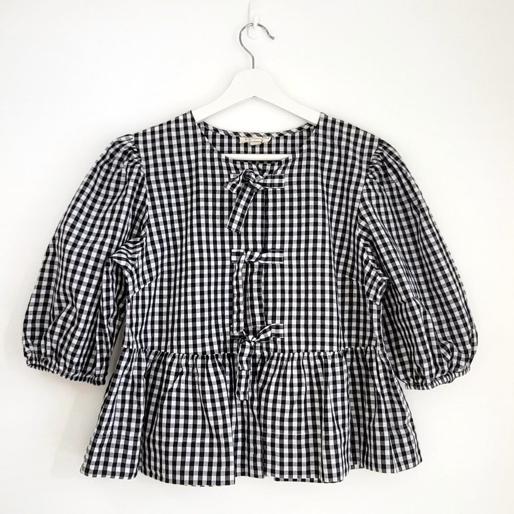 Retro Gingham Puff Sleeve Peplum Blouse Black White Size M